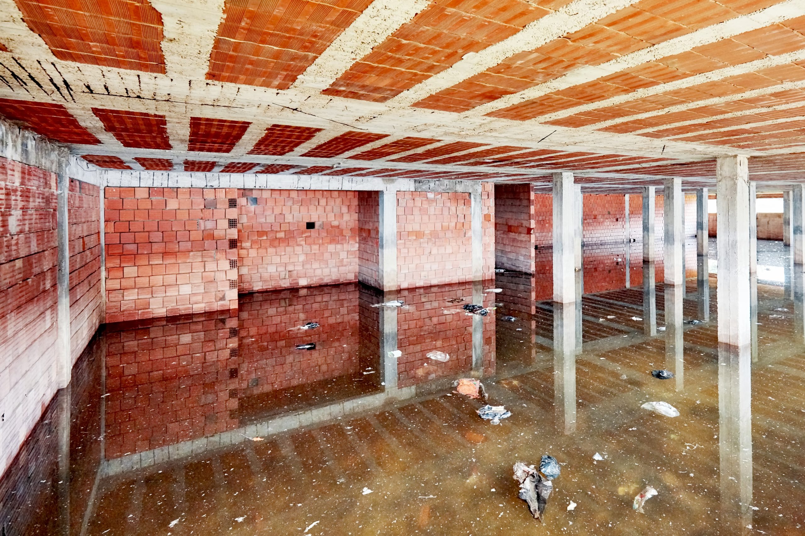 The basement of a building under construction is filled with dirty flood water