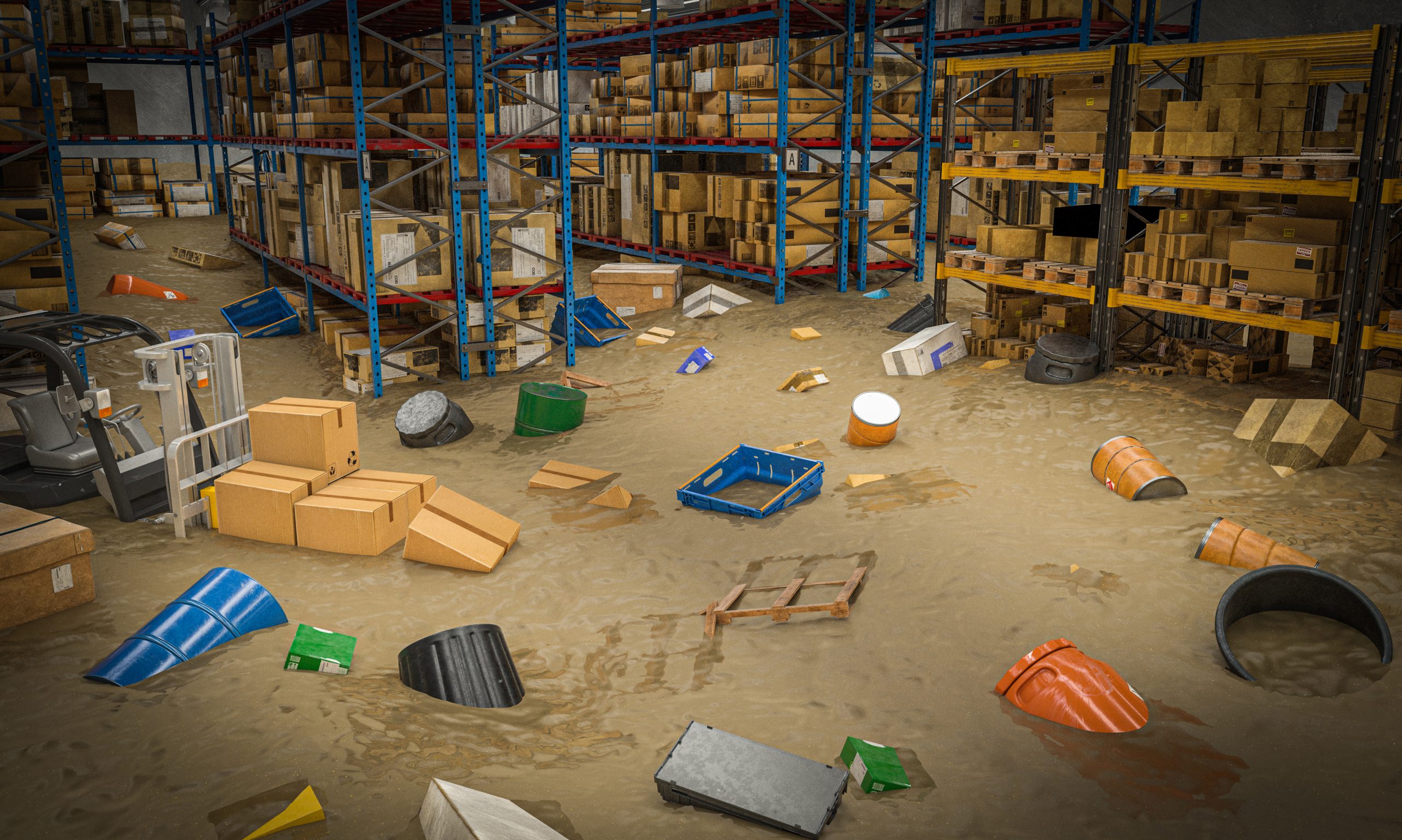 interior of a warehouse full of goods damaged by a flood of water and mud. 3d render image