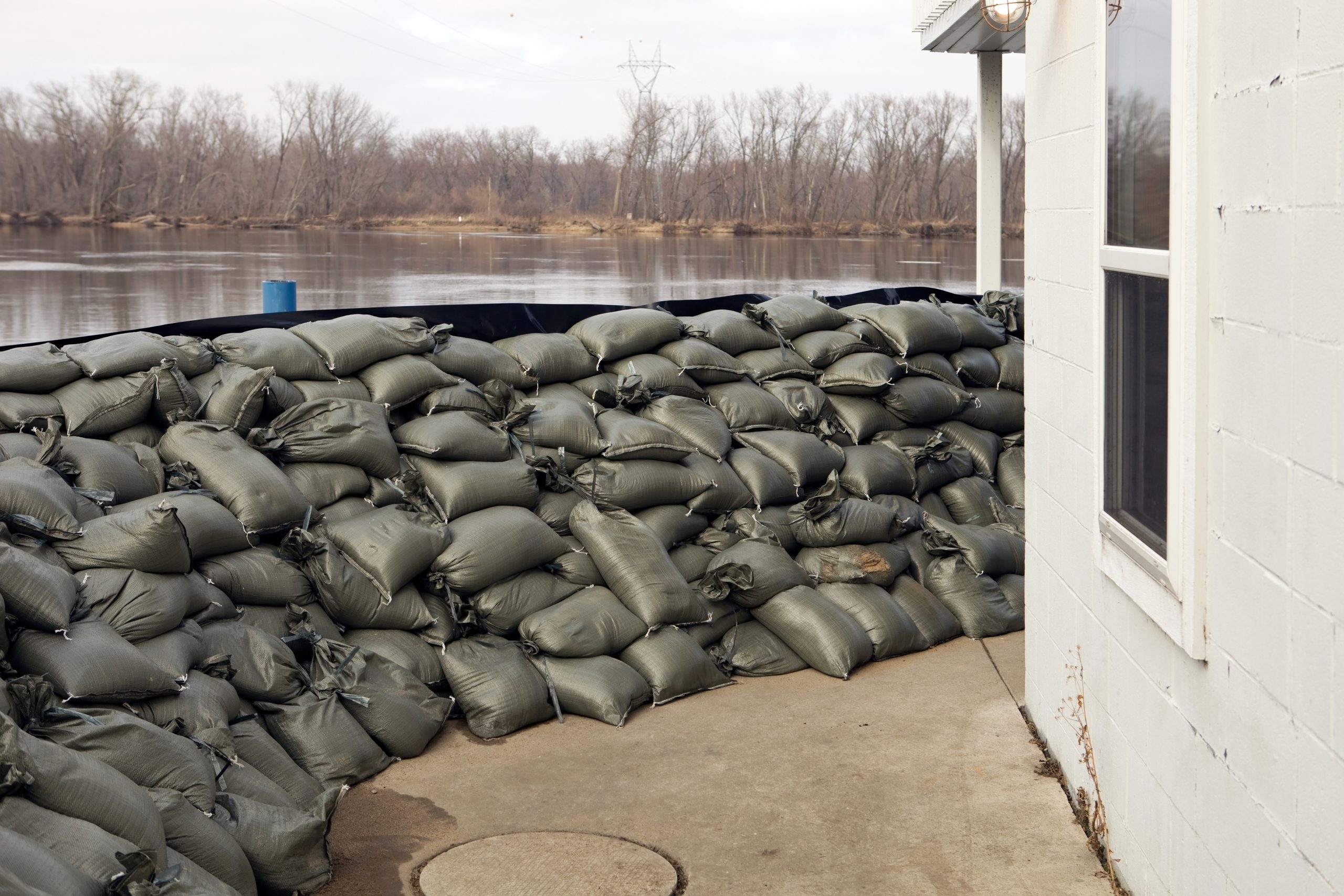 Sandbag Wall Prepared for a Major River Flood