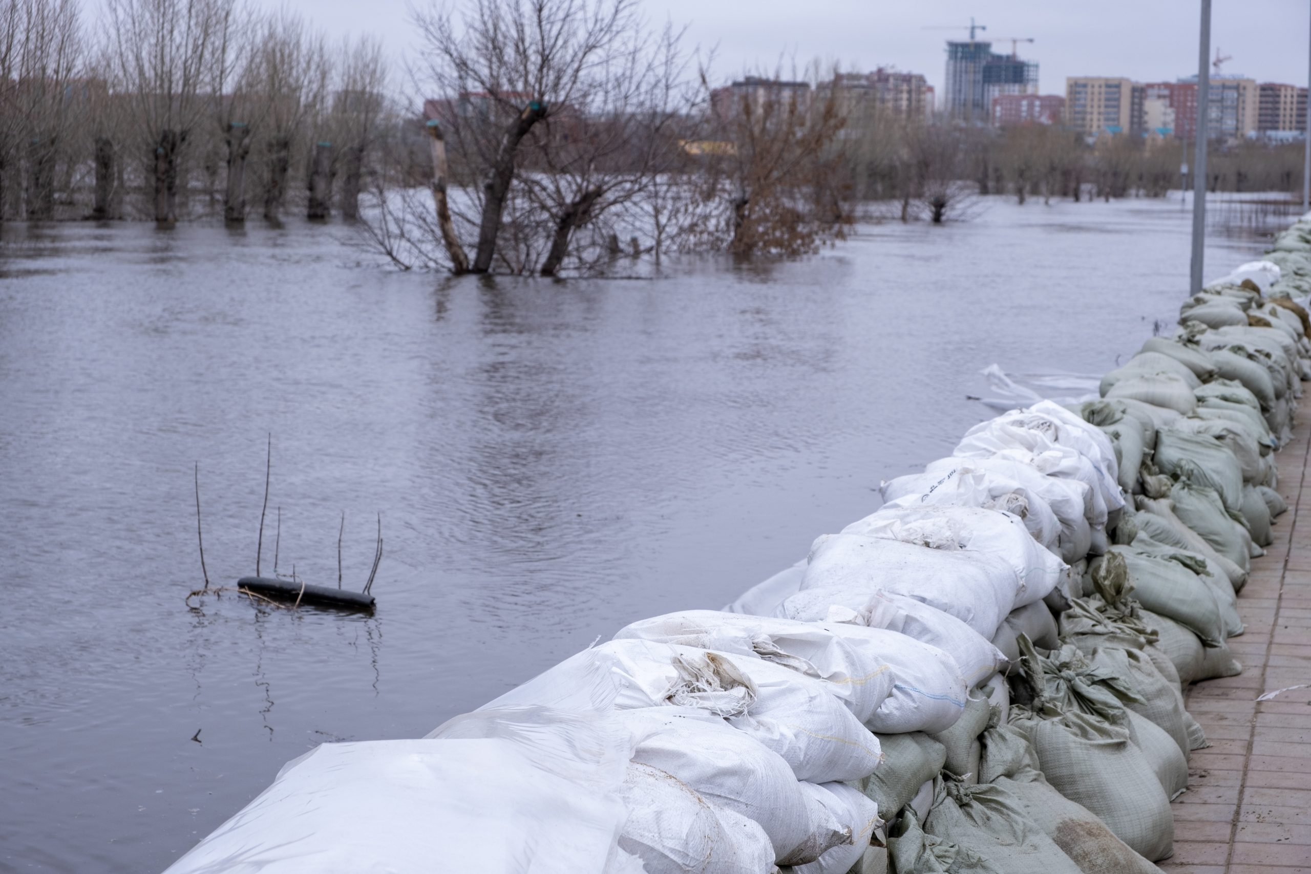 Stacks of sandbags on the riverbank